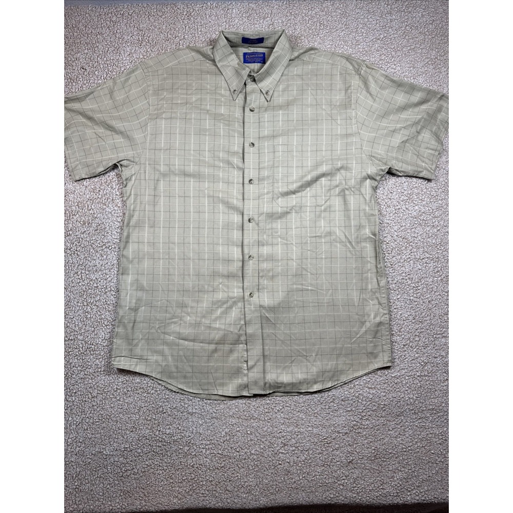 Pendleton Button Down Shirt Mens Large Tan Checkered Short Sleeve Cotton Casual